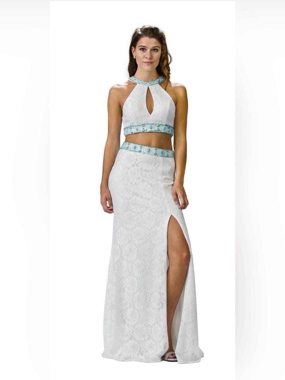 Dancing Queen White Lace Prom Dress 2 piece with slit